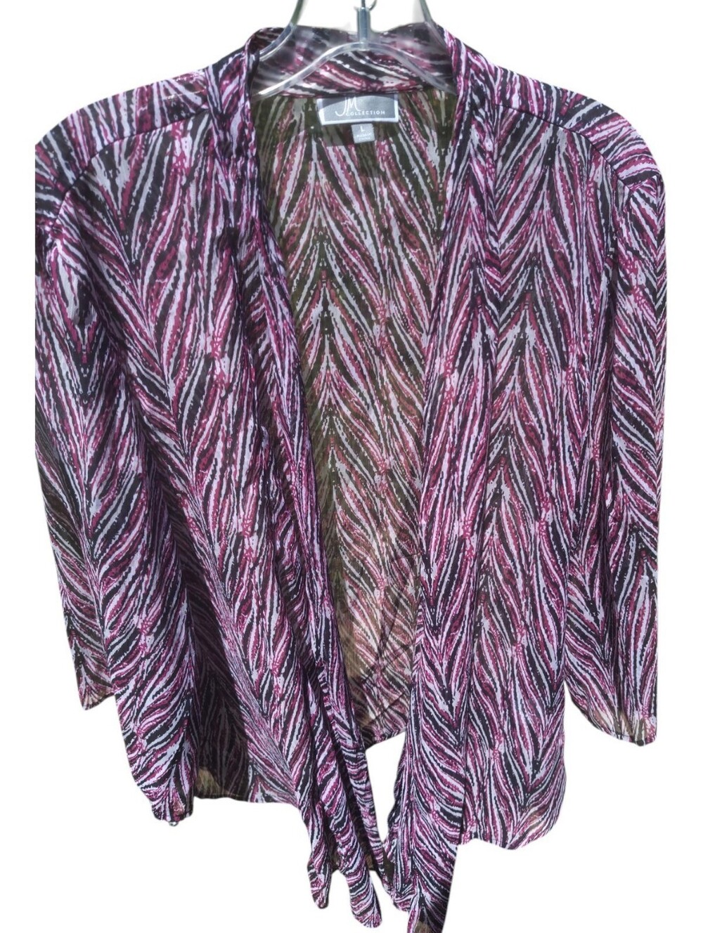JM Collection Pink and Black Open-Front Chevron Cardigan